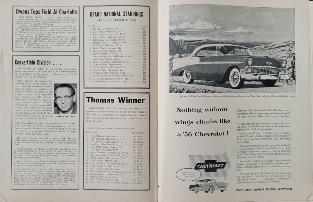 1956 NASCAR Wilson Speedway Grand National Program - Point Standings
