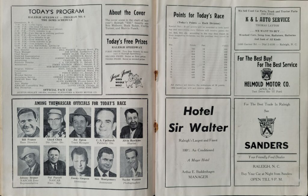 1957 NASCAR Raleigh Sweepstakes Program - Event Schedule