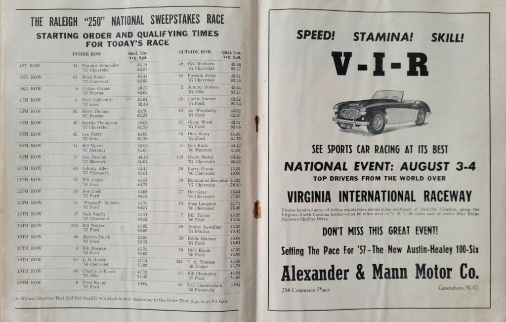 1957 NASCAR Raleigh Sweepstakes Program - Starting Lineup