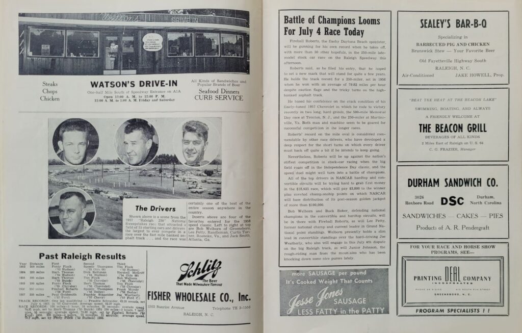 1958 NASCAR Grand National Raleigh 250 Program - Battle of Champions