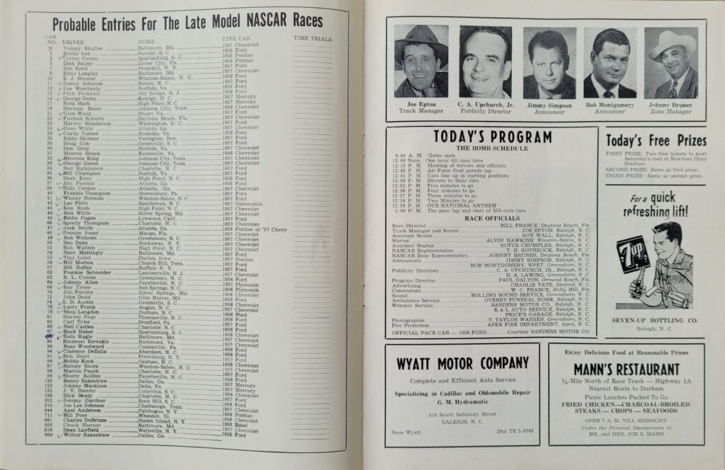 1958 NASCAR Grand National Raleigh 250 Program - Event Schedule