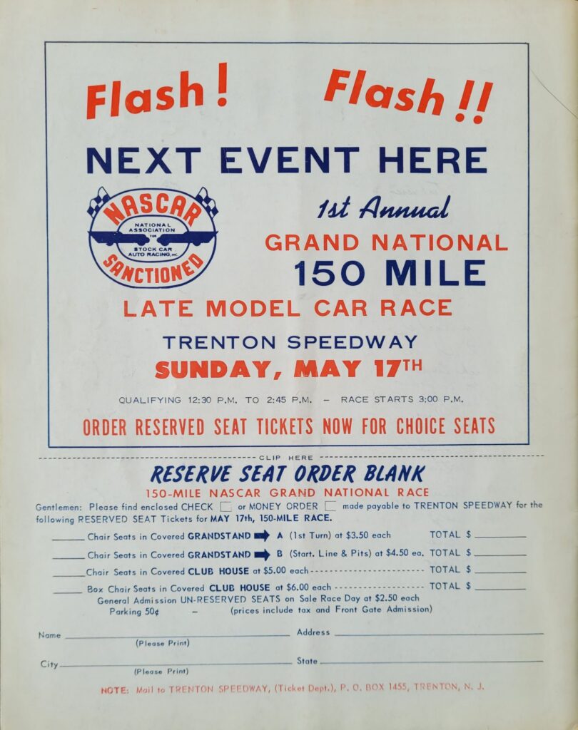 1959 USAC Trenton Speedway April Program Back Cover