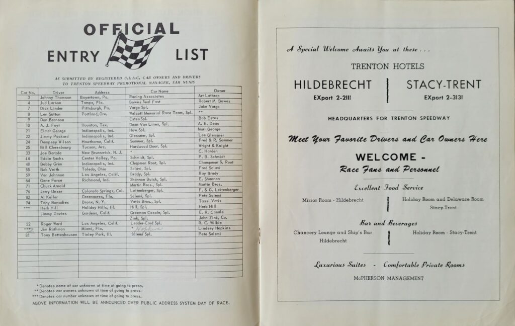 1959 USAC Trenton Speedway April Program - Official Entry List