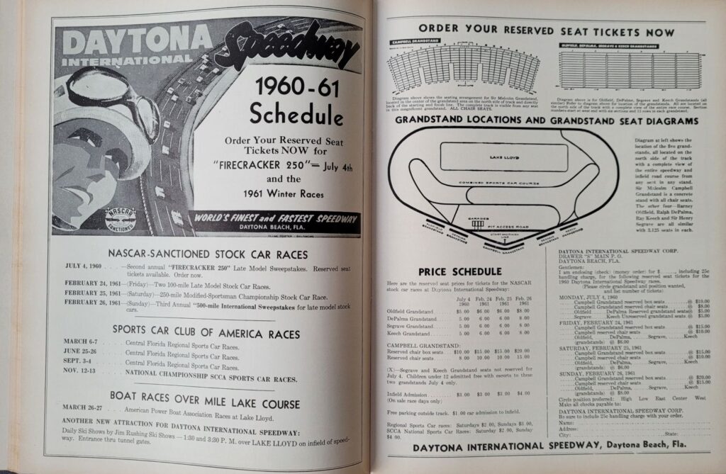1960 NASCAR Daytona 500 Program - Daytona Schedule and Seating