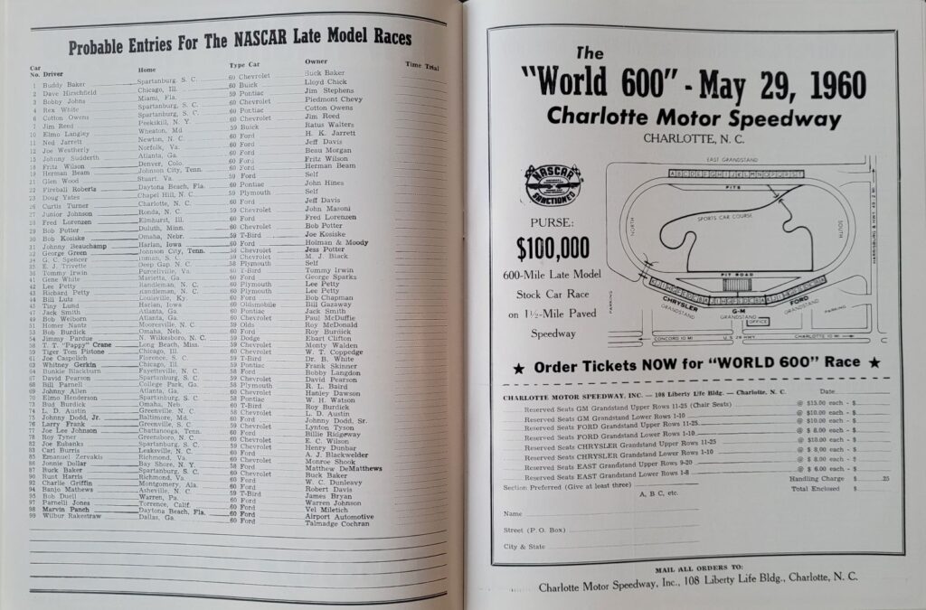 1960 NASCAR Grand National Hickory Program - Probable Entries