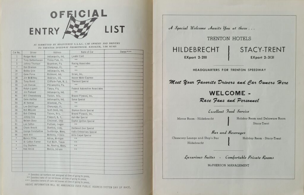 1960 USAC Trenton Speedway April Program - Official Entry List