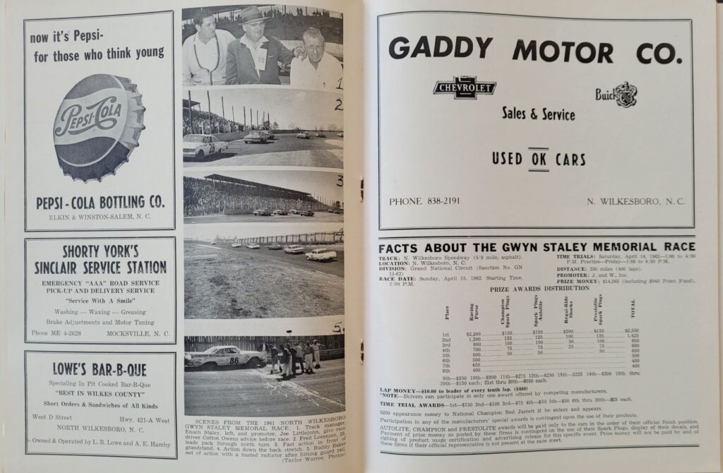 1962 NASCAR North Wilkesboro Gwyn Staley Memorial Program - Event Facts