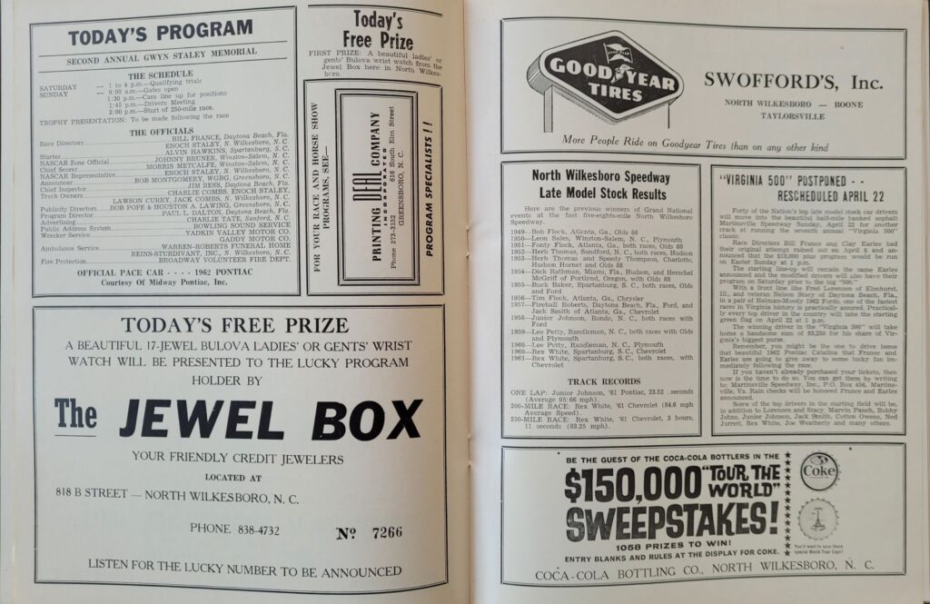 1962 NASCAR North Wilkesboro Gwyn Staley Memorial Program - Event Schedule.