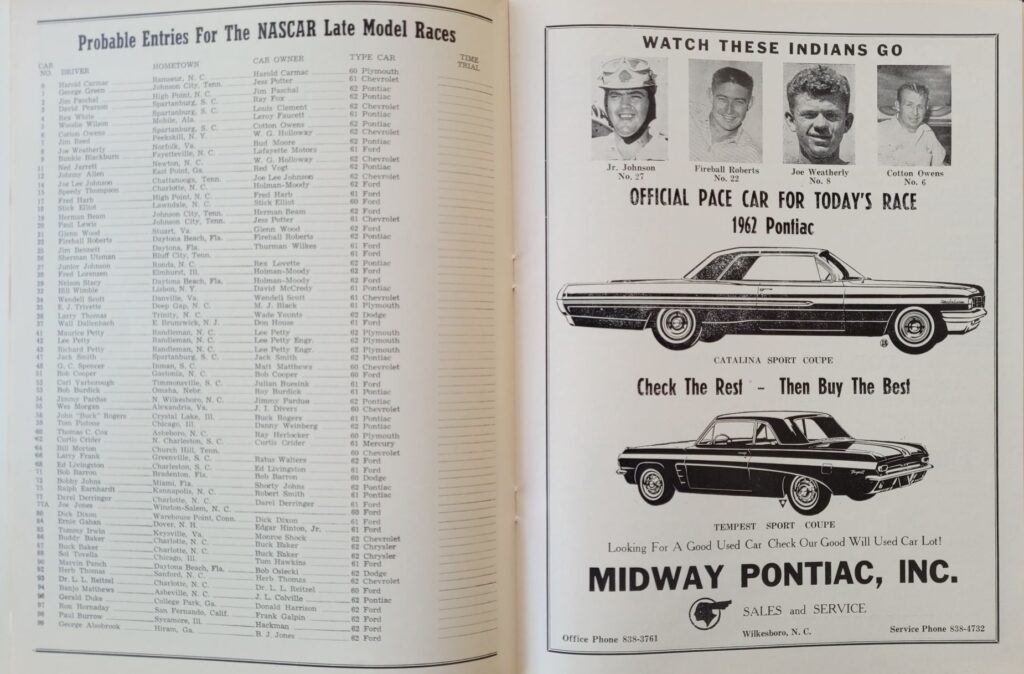 1962 NASCAR North Wilkesboro Gwyn Staley Memorial Program - Probable Entries