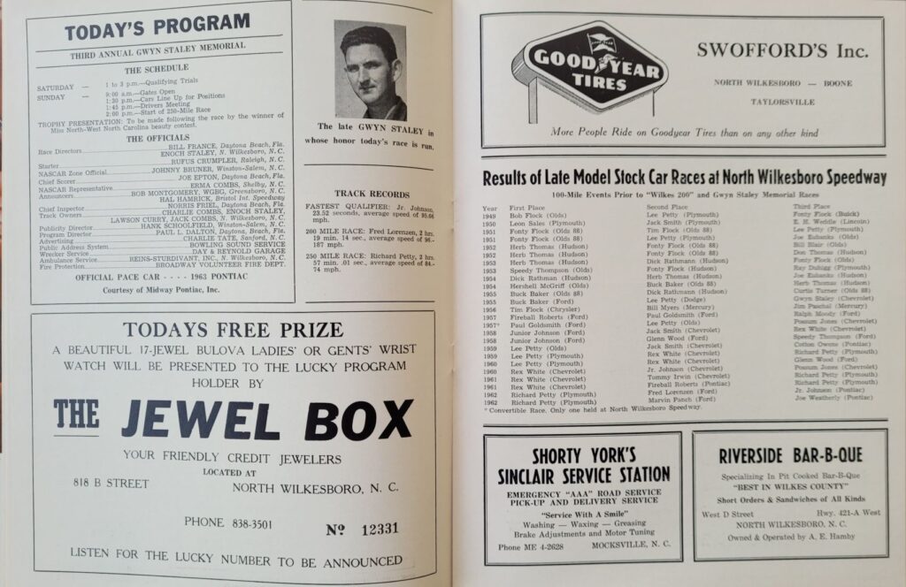 1963 NASCAR North Wilkesboro Gwyn Staley Memorial Program - Event Schedule