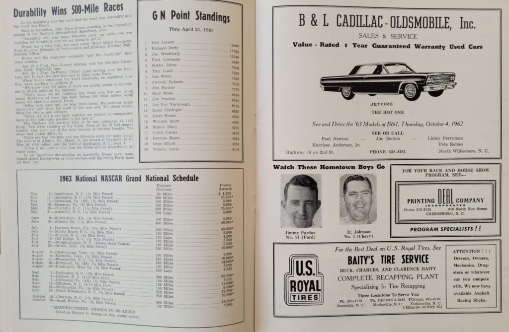 1963 NASCAR North Wilkesboro Gwyn Staley Memorial Program - Point Standings & Schedule
