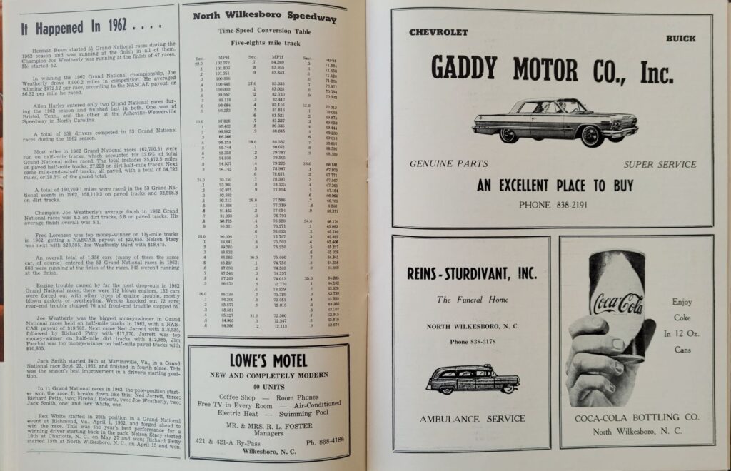 1963 NASCAR North Wilkesboro Gwyn Staley Memorial Program - Timing Chart