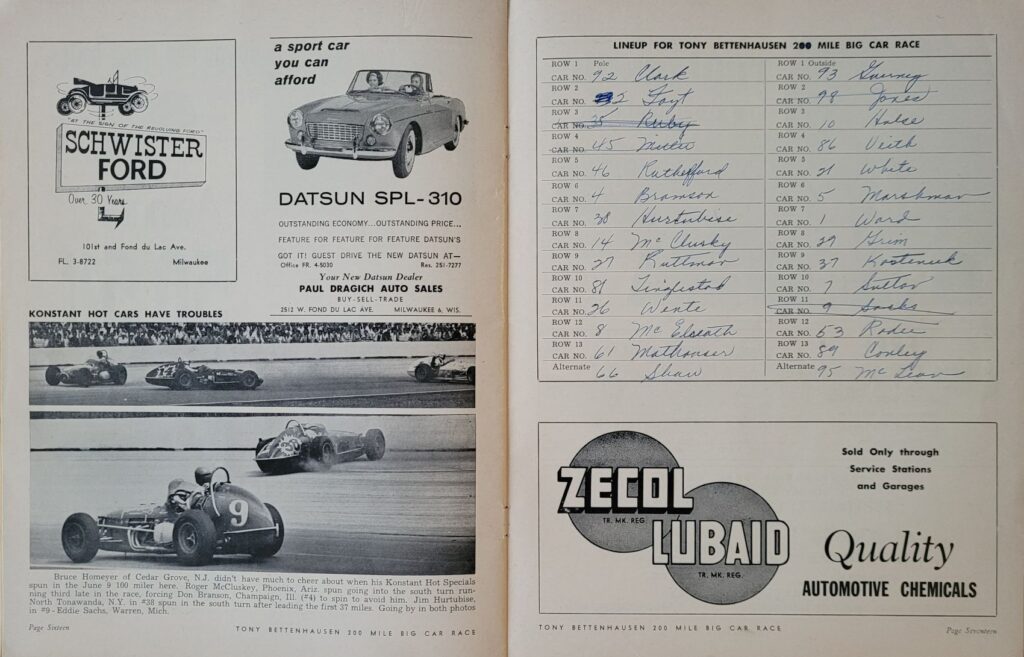 1963 USAC Milwaukee Tony Bettenhausen 200 Program - Pages 16-17