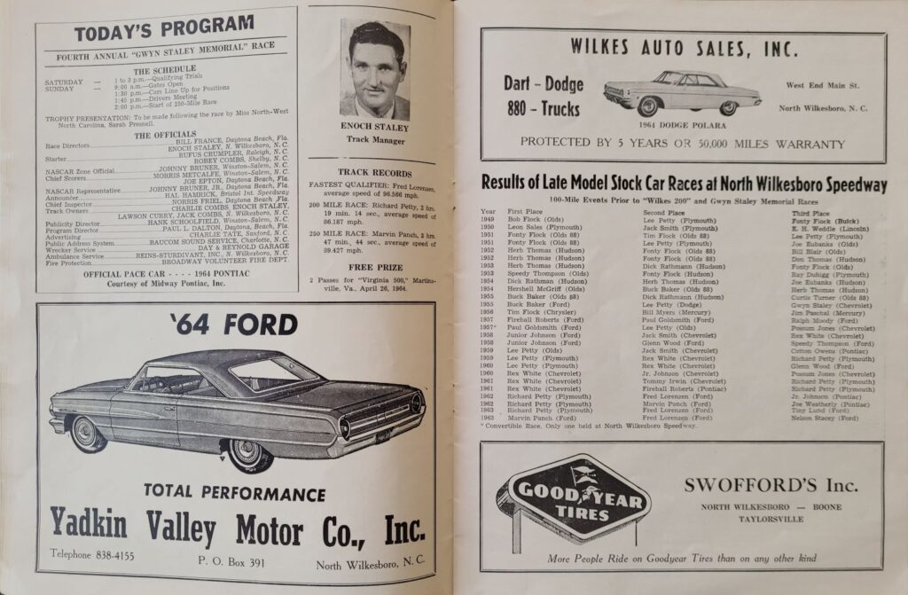 1964 NASCAR North Wilkesboro Gwyn Staley Memorial Program - Event Schedule