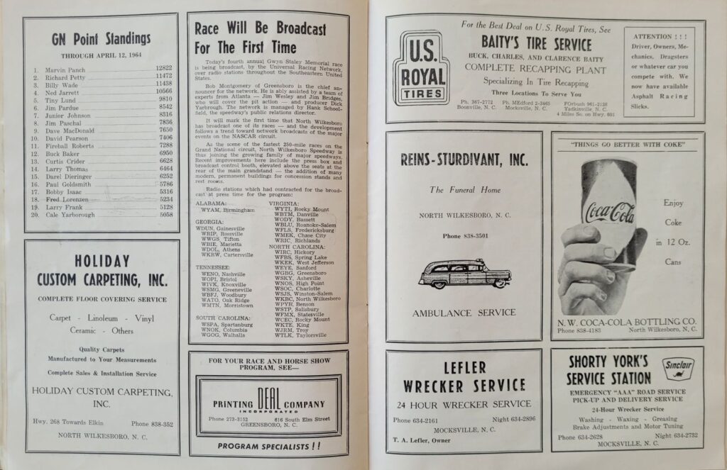 1964 NASCAR North Wilkesboro Gwyn Staley Memorial Program - Point Standings