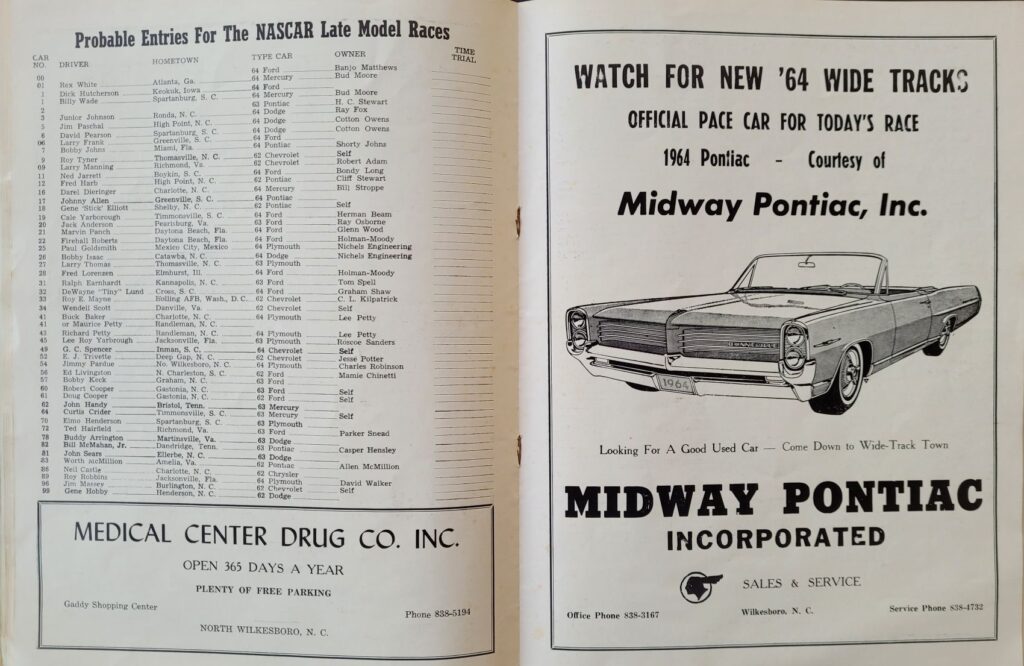 1964 NASCAR North Wilkesboro Gwyn Staley Memorial Program - Probable Entries