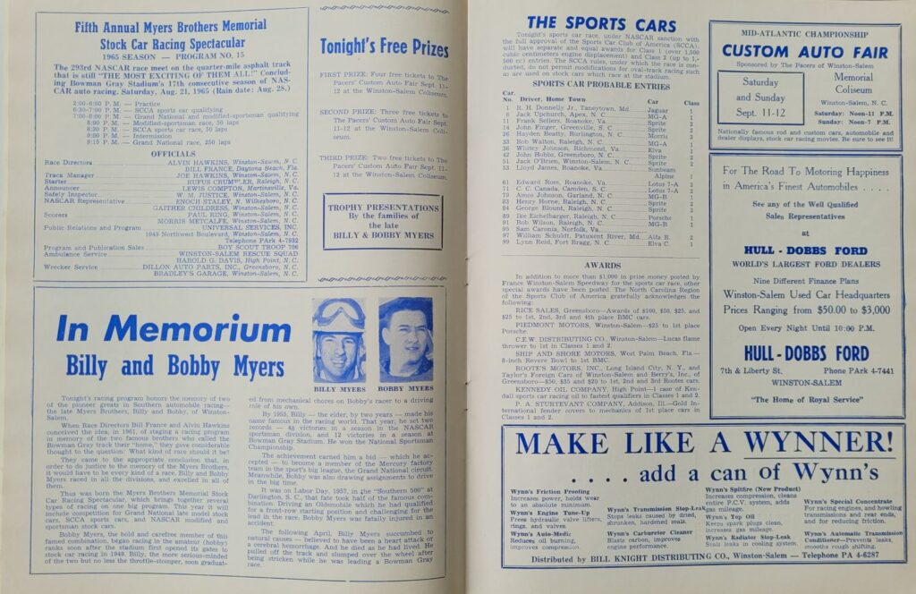 1965 NASCAR Bowman Gray Stadium Myers Brothers Memorial Program - Schedule