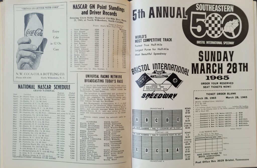 1965 NASCAR North Wilkesboro Gwyn Staley Memorial Program - Point Standings and Schedule