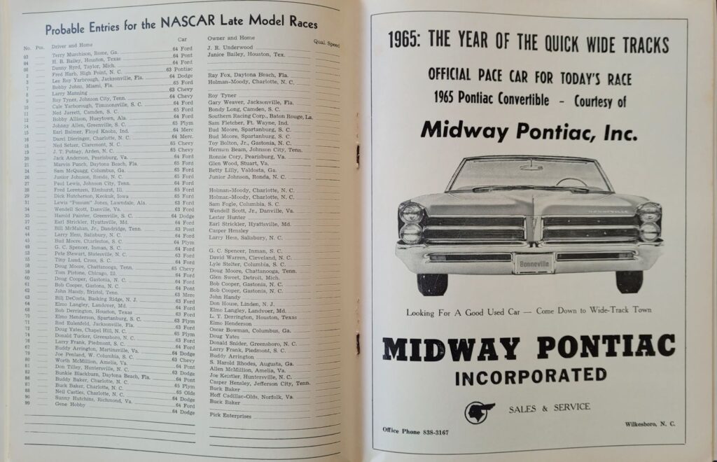 1965 NASCAR North Wilkesboro Gwyn Staley Memorial Program - Probable Entries