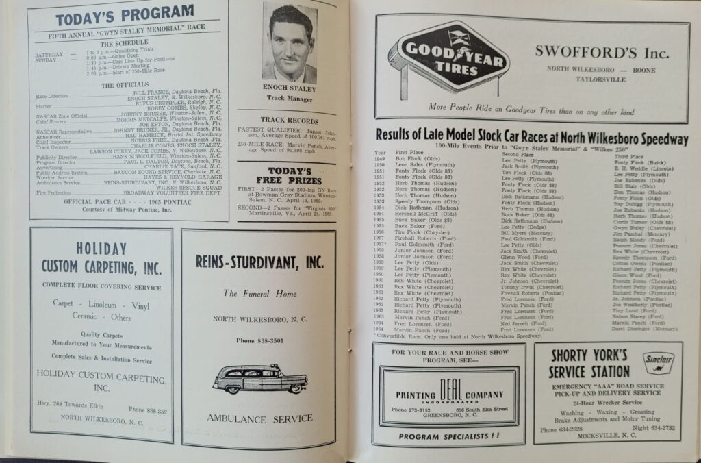 1965 NASCAR North Wilkesboro Gwyn Staley Memorial Program - Schedule