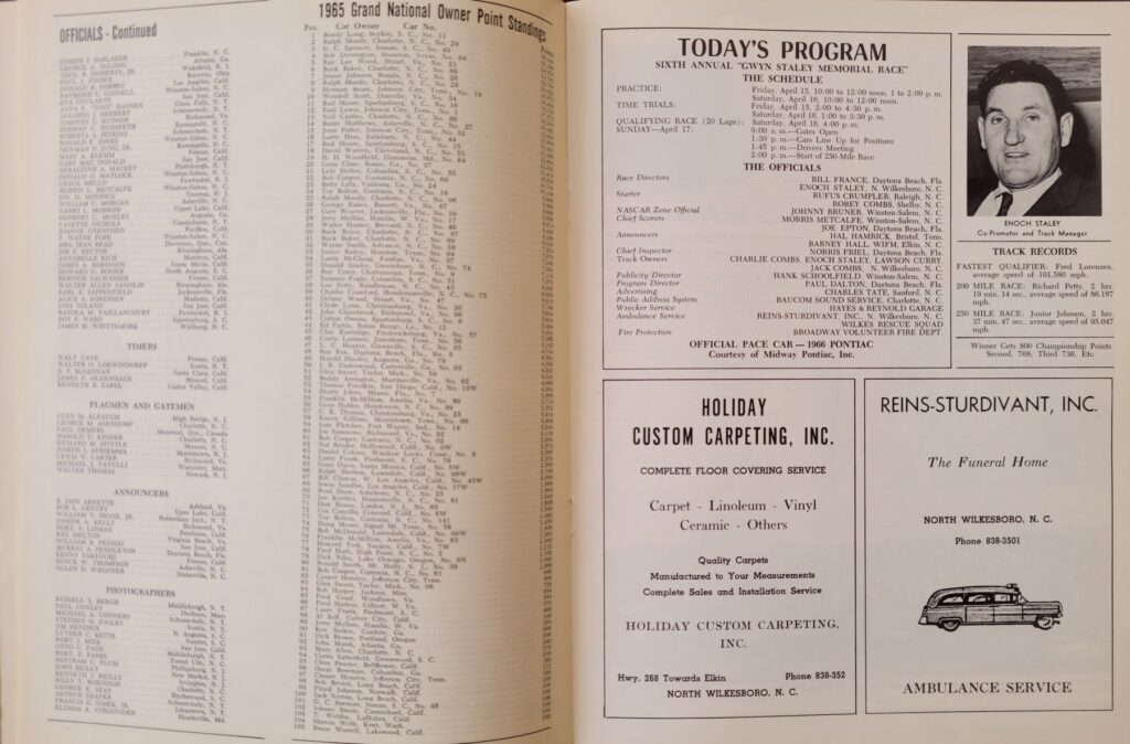 1966 NASCAR North Wilkesboro Gwyn Staley Memorial Program - Schedule