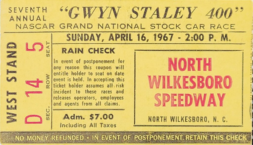 1967 NASCAR North Wilkesboro Gwyn Staley 400 Ticket Stub Front