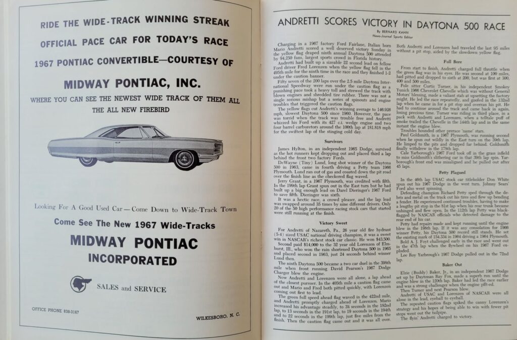 1967 NASCAR North Wilkesboro Gwyn Staley Memorial Program - Daytona 500 Article