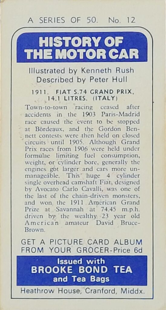 1968 Brooke Bond Tea 
"History of the Motor Car" 
Card #12
