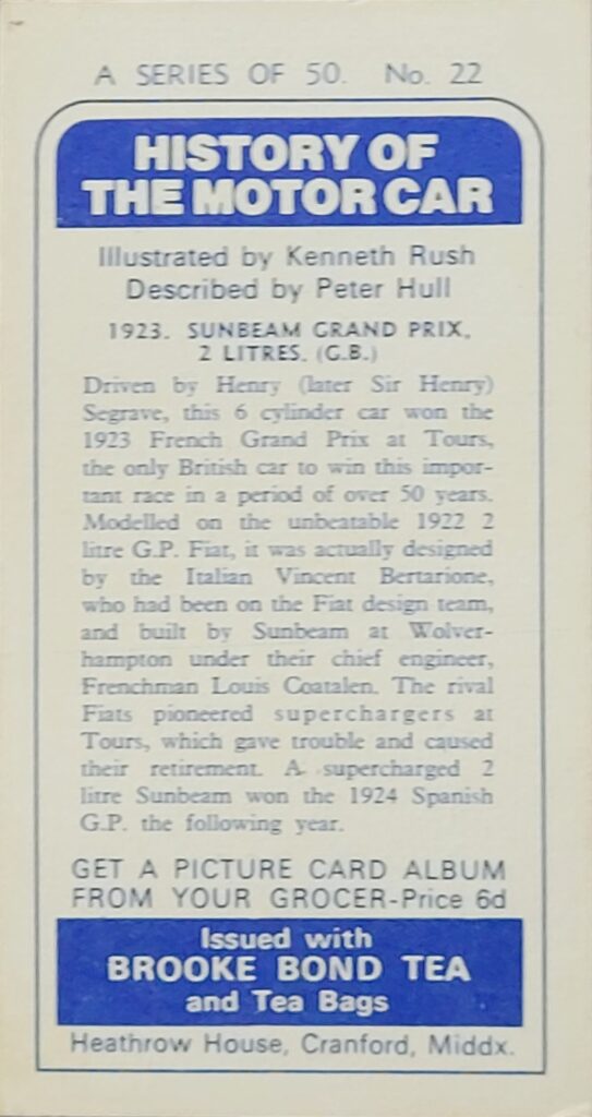 1968 Brooke Bond Tea 
"History of the Motor Car" 
Card #22