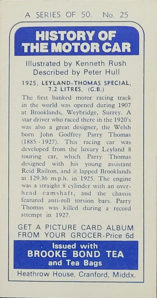 1968 Brooke Bond Tea 
"History of the Motor Car" 
Card #25