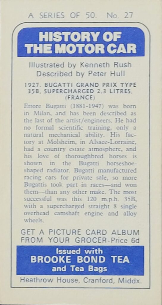 1968 Brooke Bond Tea
"History of the Motor Car" 
Card #27