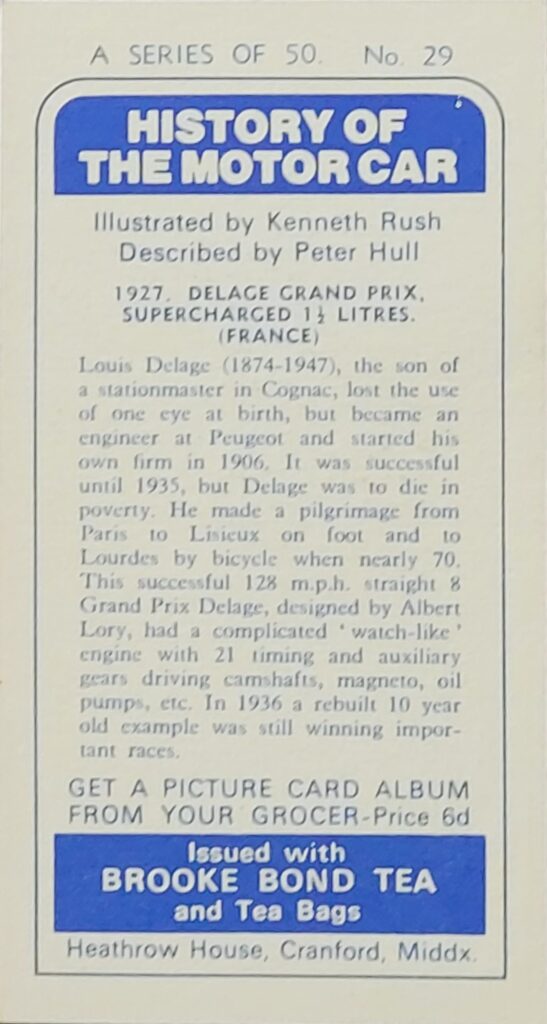1968 Brooke Bond Tea 
"History of the Motor Car" 
Card #29