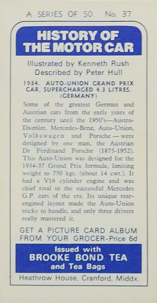 1968 Brooke Bond Tea 
"History of the Motor Car" 
Card #37