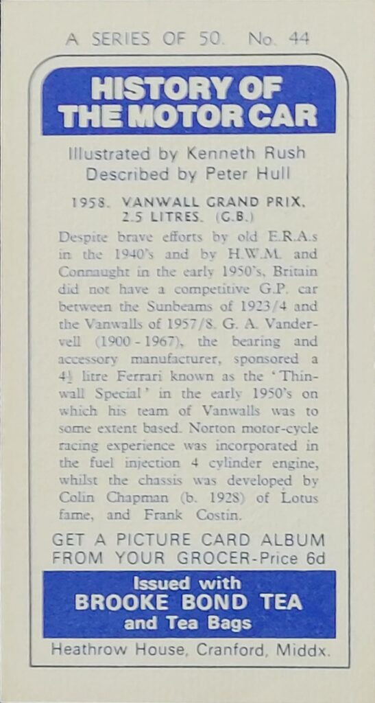 1968 Brooke Bond Tea 
"History of the Motor Car" 
Card #44