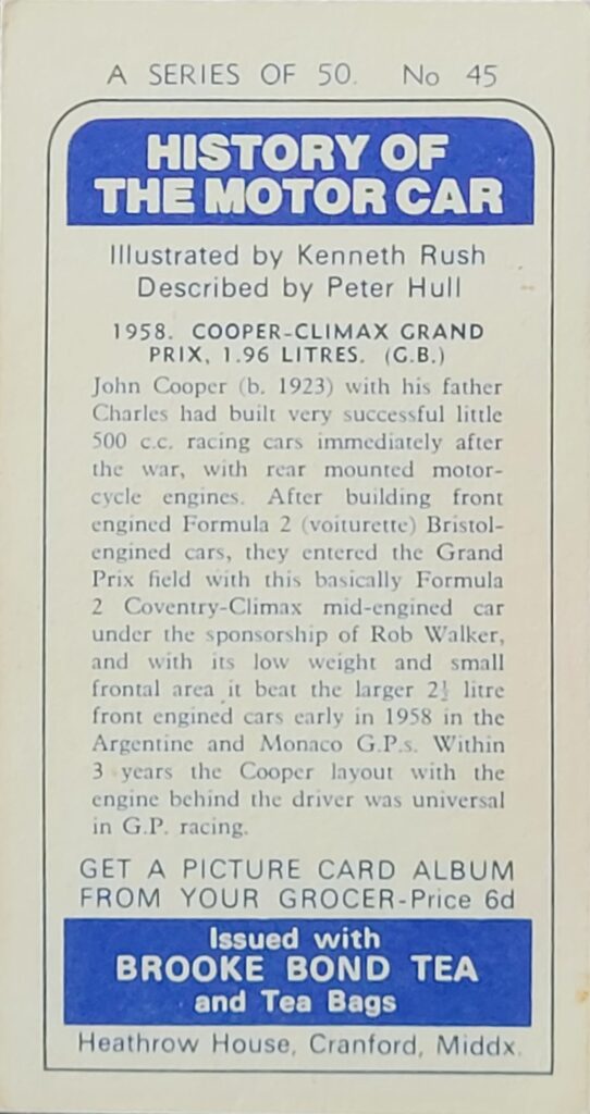 1968 Brooke Bond Tea 
"History of the Motor Car" 
Card #45