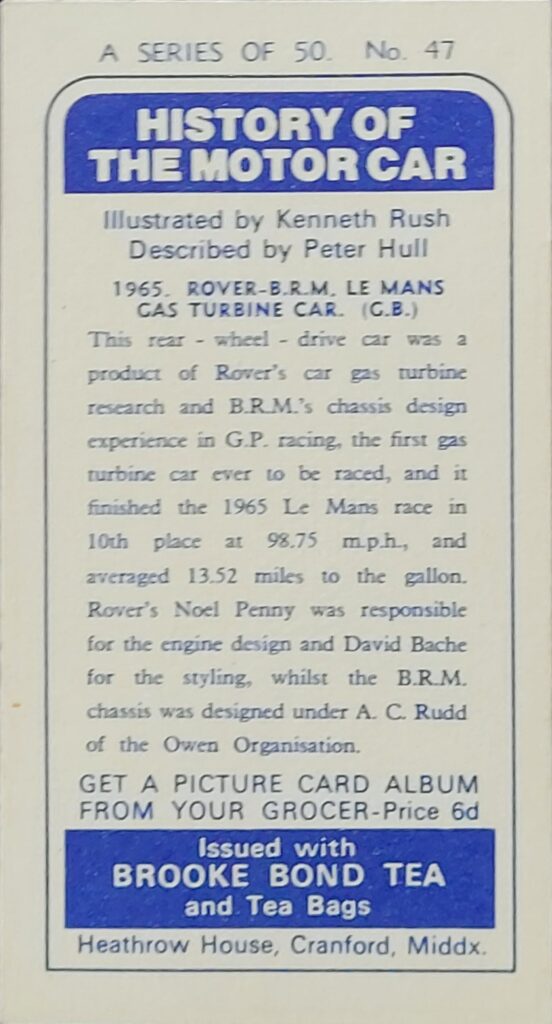1968 Brooke Bond Tea 
"History of the Motor Car" 
Card #47