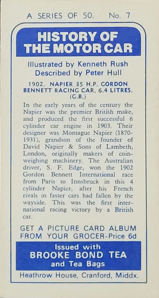 1968 Brooke Bond Tea 
"History of the Motor Car" 
Card #7