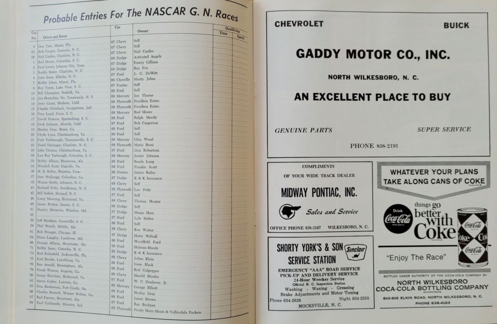 1968 NASCAR North Wilkesboro Gwyn Staley Memorial Program - Probable Entries