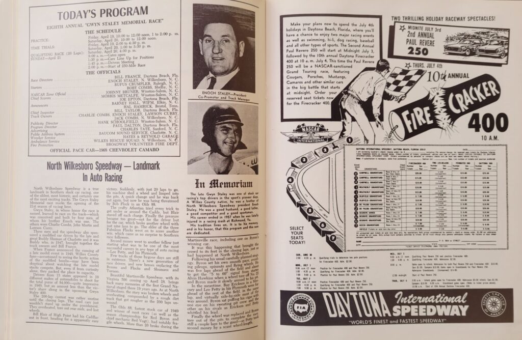 1968 NASCAR North Wilkesboro Gwyn Staley Memorial Program - Schedule
