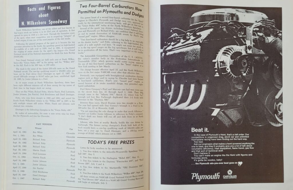1968 NASCAR North Wilkesboro Gwyn Staley Memorial Program - Tracks Facts & Figures