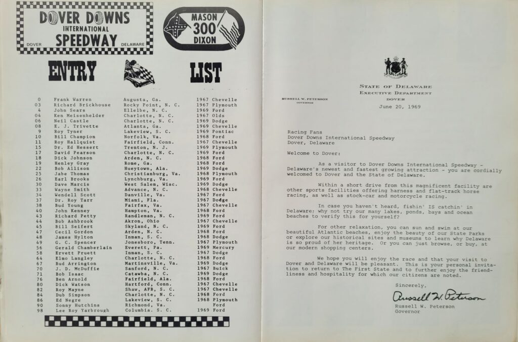 1969 NASCAR Dover Mason-Dixon 300 Program - Entry List
