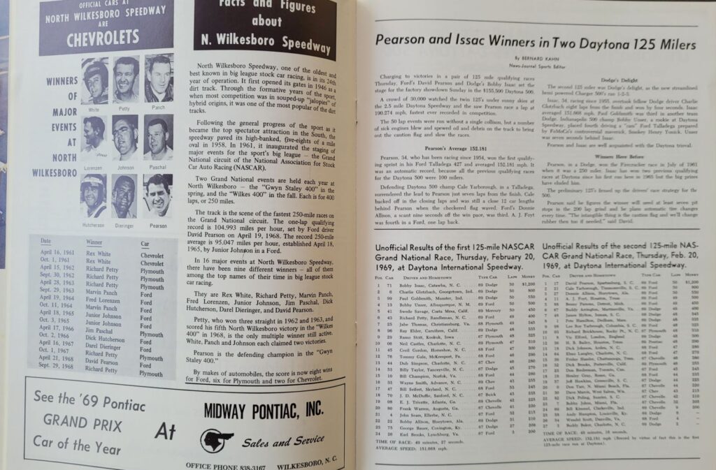 1969 NASCAR North Wilkesboro Gwyn Staley 400 Program - Facts & Figures
