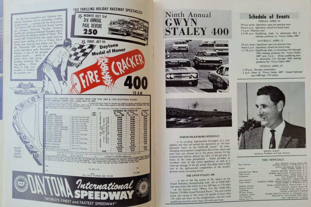 1969 NASCAR North Wilkesboro Gwyn Staley 400 Program - Schedule of Events
