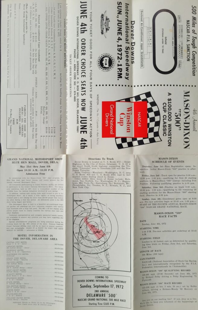 1972 NASCAR Dover Mason-Dixon 500 Brochure Interior Foldout