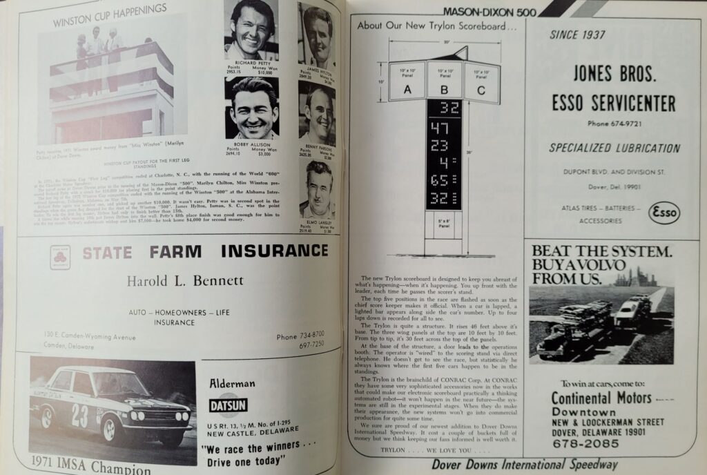 1972 NASCAR Dover Mason-Dixon 500 Program - Scoreboard
