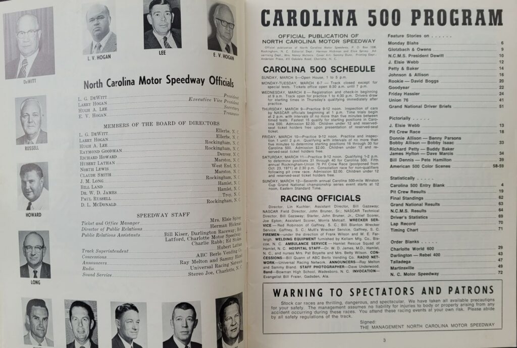1972 NASCAR North Carolina Motor Speedway Carolina 500 Program - Pages 2-3