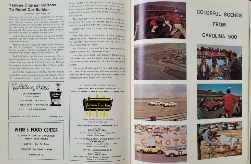 1972 NASCAR North Carolina Motor Speedway Carolina 500 Program - Pages 58-59.