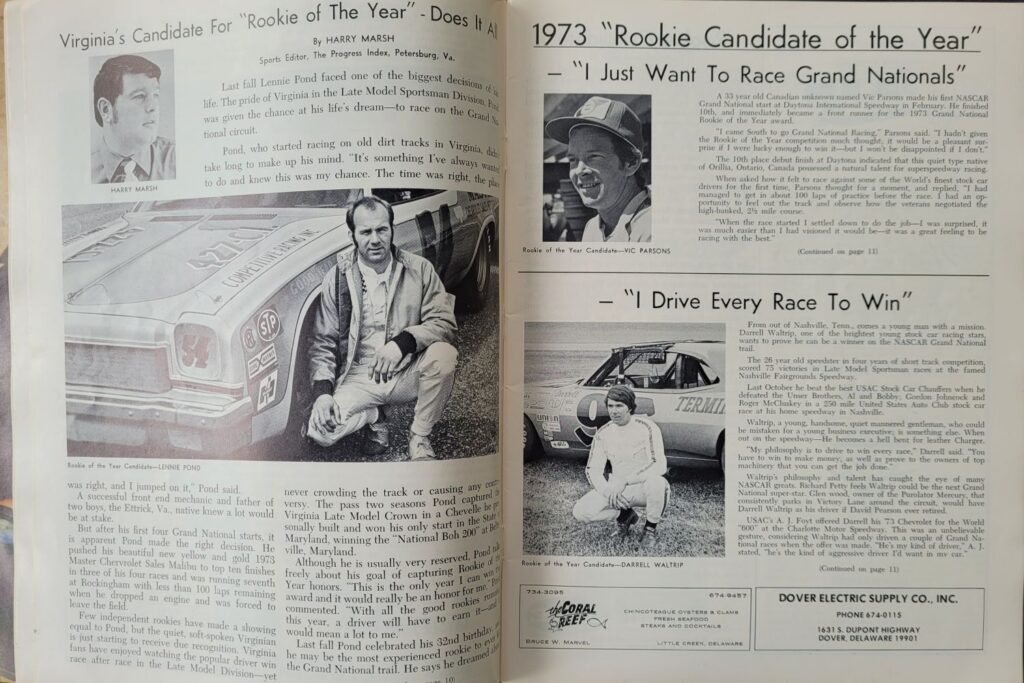 1973 NASCAR Dover Mason-Dixon 500 Program - Rookie of the Year.