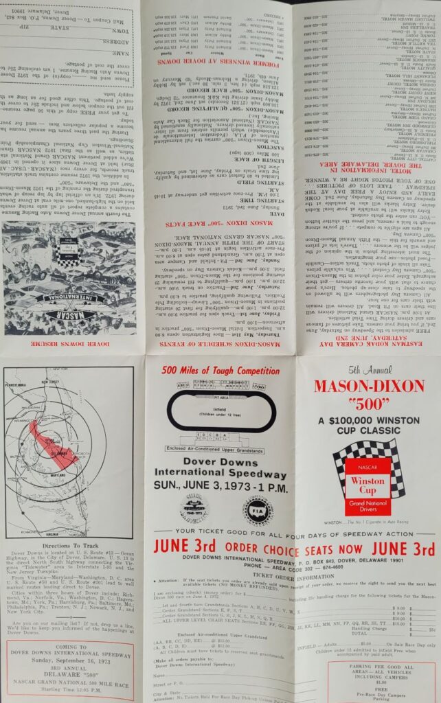 1973 NASCAR Dover Mason-Dixon 500 Ticketing Brochure - Interior.