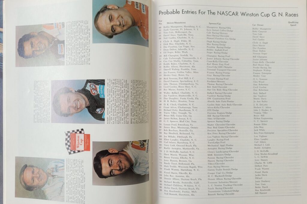 1975 NASCAR Dover Mason-Dixon 500 Program - Probable Entries.